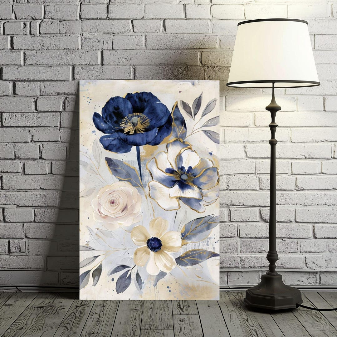 Navy Blue Floral Wall Art: Abstract Botanical Print With Gold (digital ...