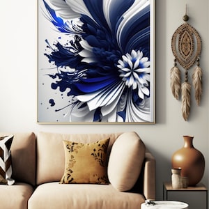 Navy Blue Abstract Flower, Wall Art Gray Background, Modern Printable