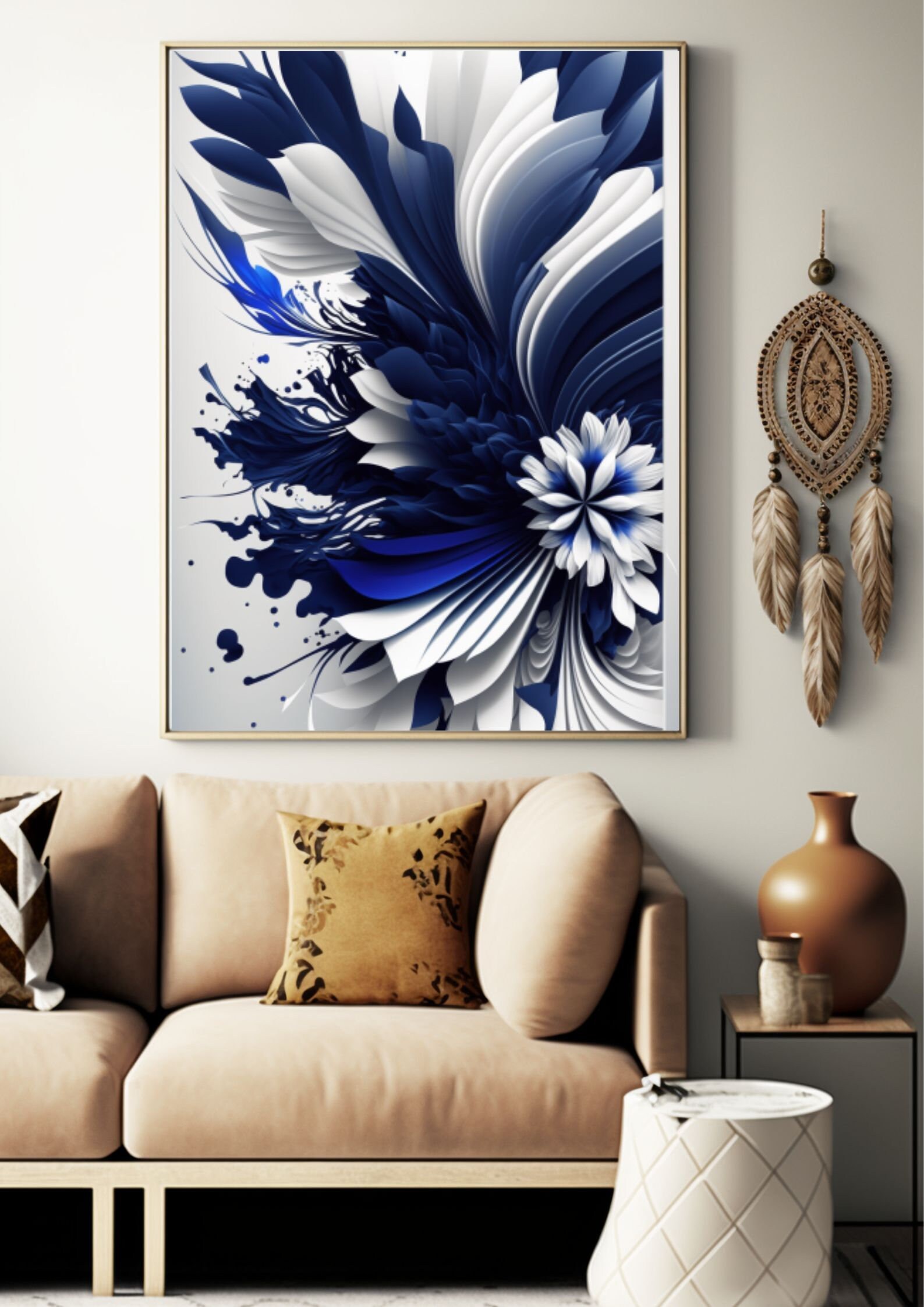 Navy Blue Abstract Flower, Wall Art Gray Background, Modern Printable