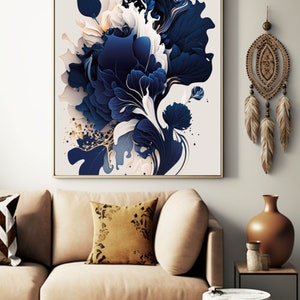 May include: Abstract art print featuring a swirling design of blue and white flowers with gold accents. The print is framed and hanging on a wall.