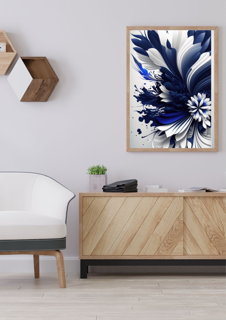 Navy Blue Abstract Flower, Wall Art Gray Background, Modern Printable