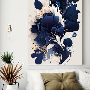 May include: Abstract art print featuring a blue and white floral design with gold accents. The print is on a white background and is framed in a white frame.