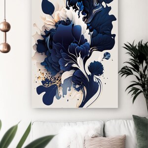 May include: Abstract art print featuring a blue and white floral design with gold accents. The print has a modern and contemporary style.