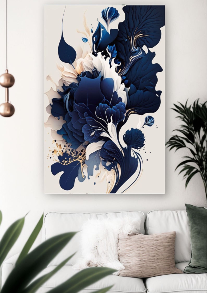 May include: Abstract art print featuring a blue and white floral design with gold accents. The print has a modern and contemporary style.