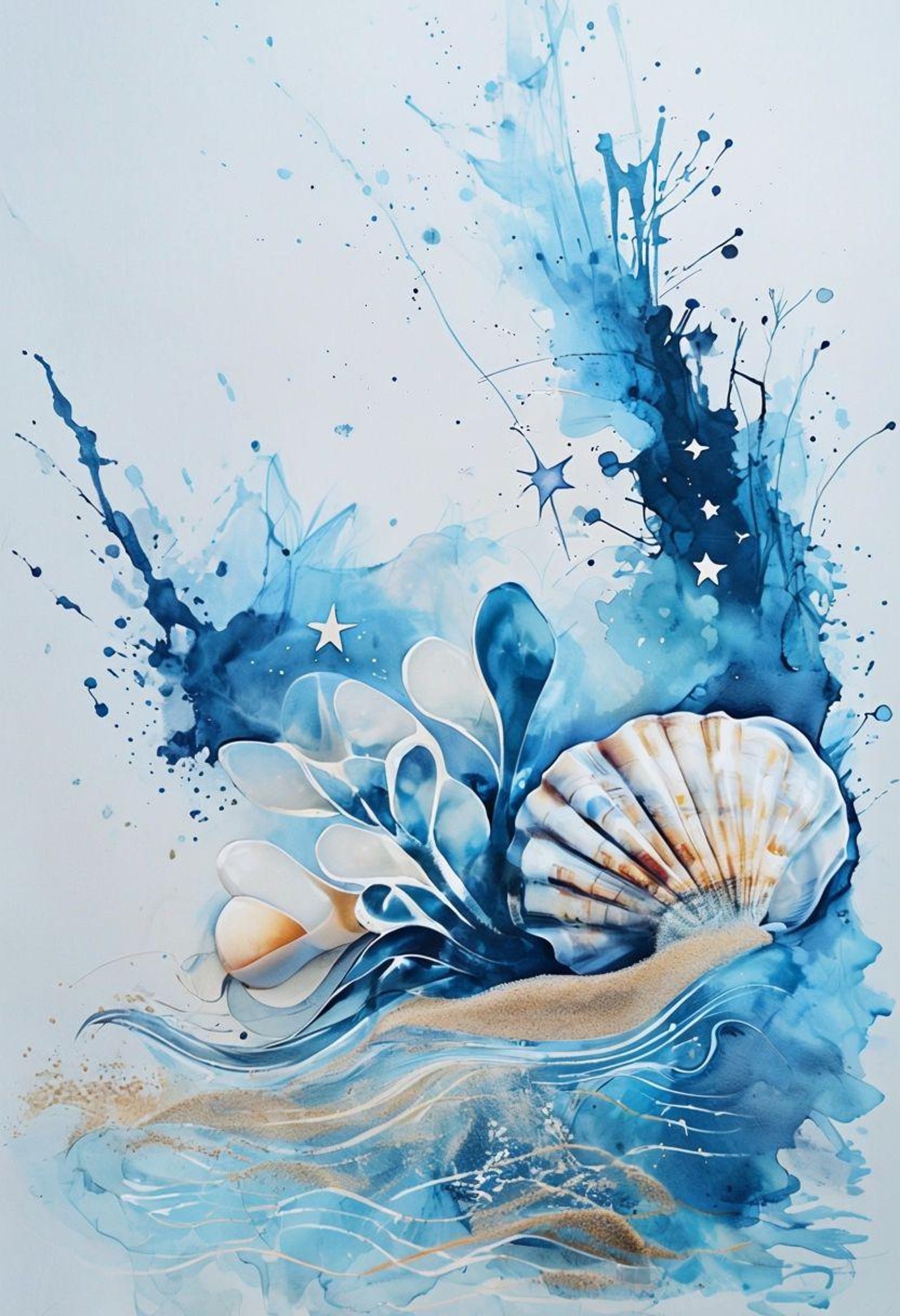 Abstract Shellfish Art Dreamy Ocean Shell Abstract Art – Digital Download - Blue Navy Wall ...
