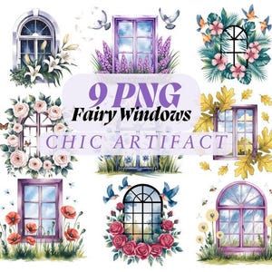 9 cliparts féeriques pour fenêtres PNG – Illustrations de fenêtres fantaisistes | Floral Cottagecore en téléchargement numérique | Scrapbooking fantastique et création artisanale