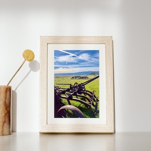 May include: A framed photograph of an antique farm plow in a field. The image features a rusty, vintage plow set against a backdrop of green grass, rolling hills, and a blue sky with wispy clouds. The frame is a light wood color.