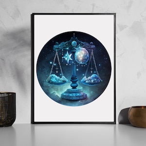 May include: A framed print of a celestial Libra zodiac sign. The scales are balanced with clouds on each side, and a star and a moon are in the background.