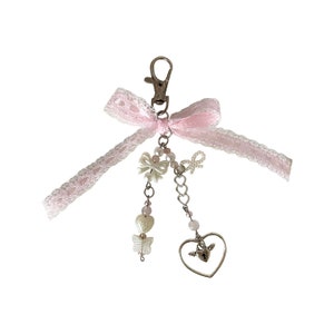 Pink & white beaded bow keychain “Babydoll”