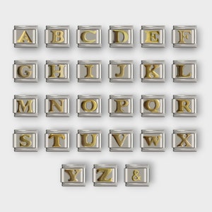 Pulsera italiana con dijes del alfabeto, dijes de 9 mm, letras de la A a la Z, eslabones de dijes italianos, acero inoxidable con dijes dorados, regalo de pulsera ajustable
