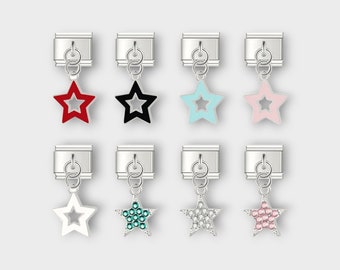 Encantos de estrellas de pulsera italiana, encantos de 9 mm, eslabones de encanto de estrella colgante, encantos celestiales de acero inoxidable, encantos de estrellas, regalo de pulsera ajustable