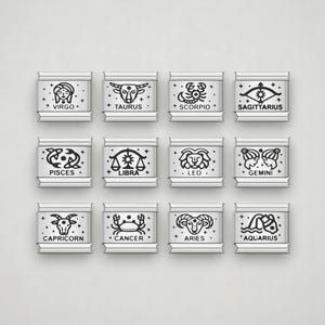 Bransoletka włoska z zawieszkami zodiaku, zawieszki 9 mm, ogniwa zawieszek zodiaku, włoskie zawieszki ze stali nierdzewnej, włoskie zawieszki Skorpion, regulowana bransoletka