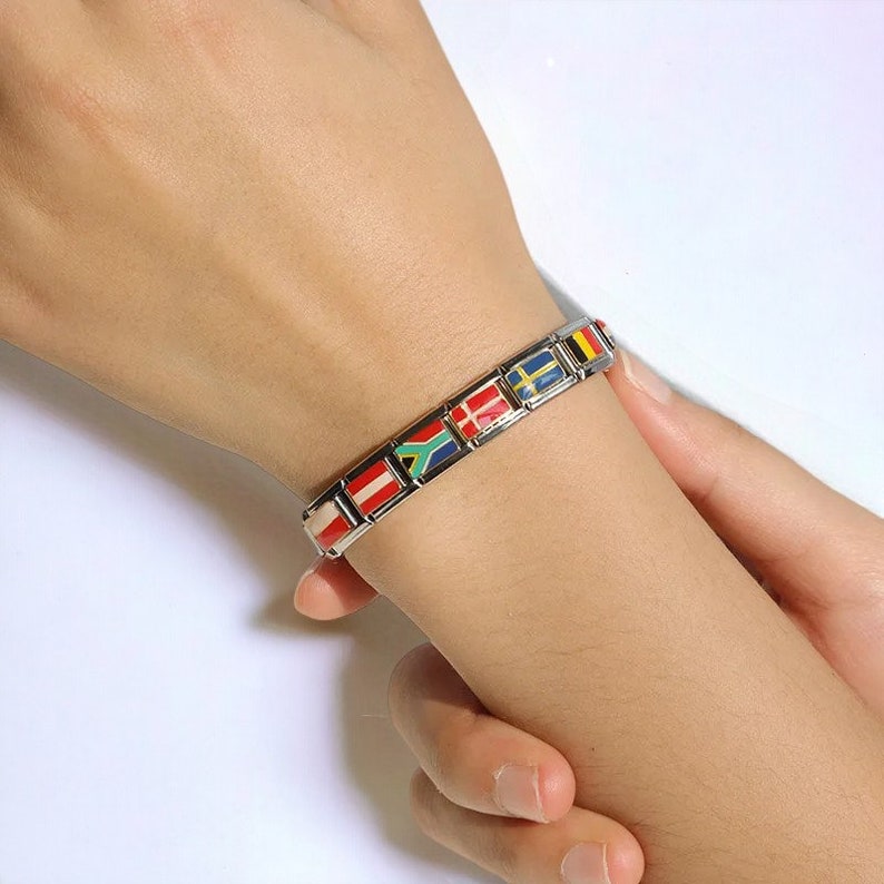 Encantos de la bandera de la pulsera italiana, encantos de 9MM, enlaces del encanto de la bandera, encantos de los países del mundo de acero inoxidable, regalo de pulsera ajustable imagen 2