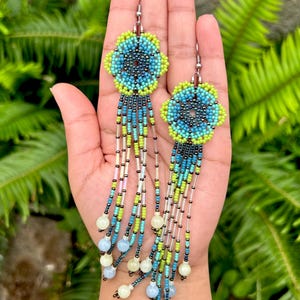 Green/Turquoise/Blue Seed Bead Flower Earrings