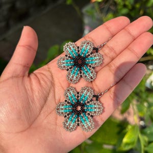 Small Turquoise/Grey Seed Bead Flower Earrings