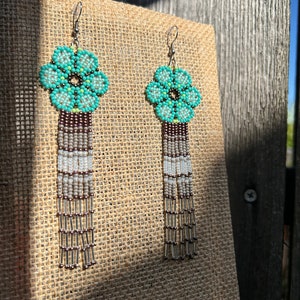 Mint Color Seed Bead Flower Earrings • Huichol Earrings • Huichol Jewelry • Spring Earrings