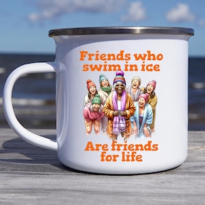 Cold water swimming Enamel mug, Sea swimmer gift, Wild water swimmers gift, Fun cold water friends illustration mug gift
