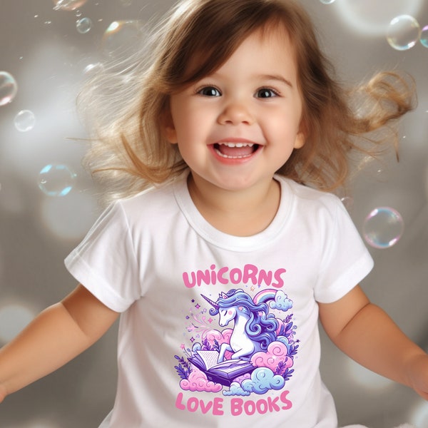 T-shirt per bambini unicorno Love Books - T-shirt da lettura magica - T-shirt amante dei libri unicorno - Cotone morbido - Regalo perfetto per i giovani lettori"