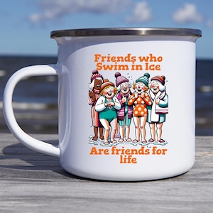 Cold water swimming Enamel mug, Sea swimmer gift, Wild water swimmers gift, Fun cold water friends illustration mug gift