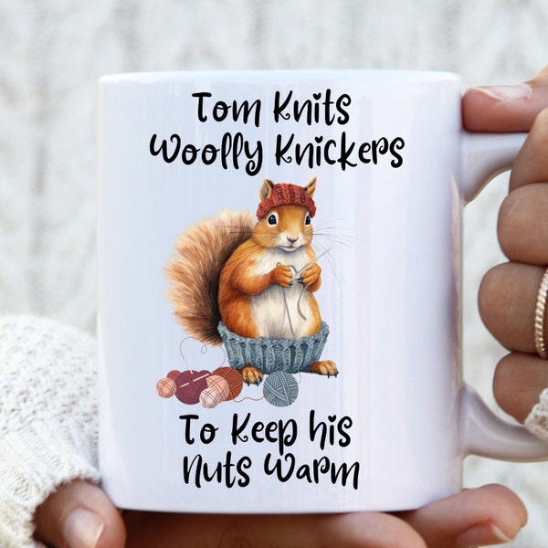 Personalised knitting funny mug gift, custom gift for male knitter, gift for him, Squirrel knitting gift, funny wildlife gift