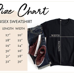May include: Size chart for a unisex sweatshirt. The chart shows the length and width in inches for sizes S, M, L, XL, 2X, and 3X. A black sweatshirt is shown with a white line indicating the length and width.