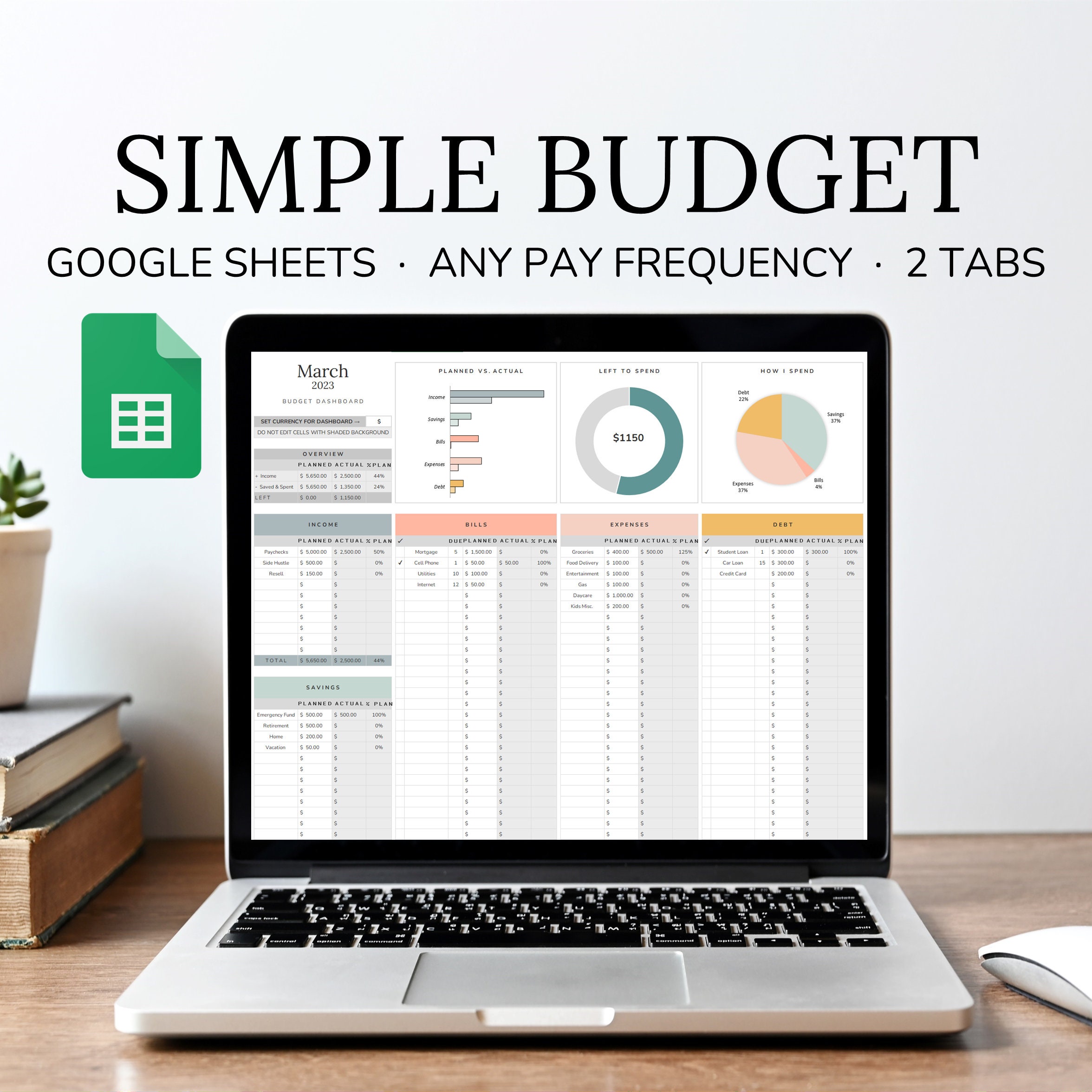 Simple Budget Spreadsheet, Google Sheets Budget Template, Personal ...