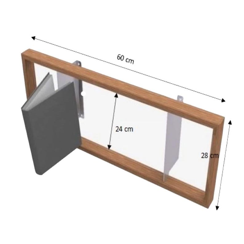 May include: A wooden framed book display shelf. The shelf is 24 cm high, 60 cm long, and 28 cm deep. A gray book is displayed on the left side of the shelf. The frame is made of brown wood.