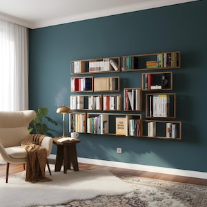 May include: A modern living room with a teal wall featuring floating wooden bookshelves filled with books. A beige armchair, a small wooden side table with a lamp, and a patterned rug complete the cozy interior.