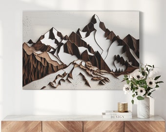 Wood Mountain Wall Art | Walnut Wood Effect Mountain Rustic Wall Art - Minimalist Wooden Decor for Living Room or Bedroom | Wooded Art