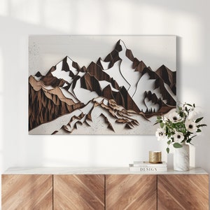 Wood Mountain Wall Art | Walnut Wood Effect Mountain Rustic Wall Art - Minimalist Wooden Decor for Living Room or Bedroom | Wooded Art