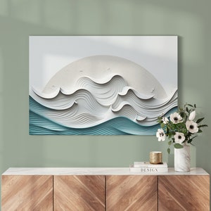 Ocean Waves Wall Art - Minimalistic Decor for Home Decor, Beach House, or Coastal Living Room - Serene Blue Waves on Neutral Background