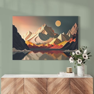 Abstract Mountain Lake Morning Landscape Wall Art Canvas Print | Home Decor | Minimalistic Art Decor for Living Room or Bedroom