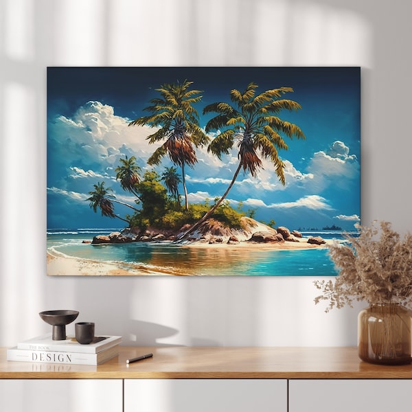 Tropical Island Canvas Art | Coastal Decor for Beach Decor Wall Art |  Abstract Art Decor | Beachside Palm Trees and Ocean View Gallery Wrap