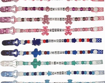 Personalised Multi Heart and Star Dummy Clips, Strap, Chain, Boys, Girls Plastic Clips