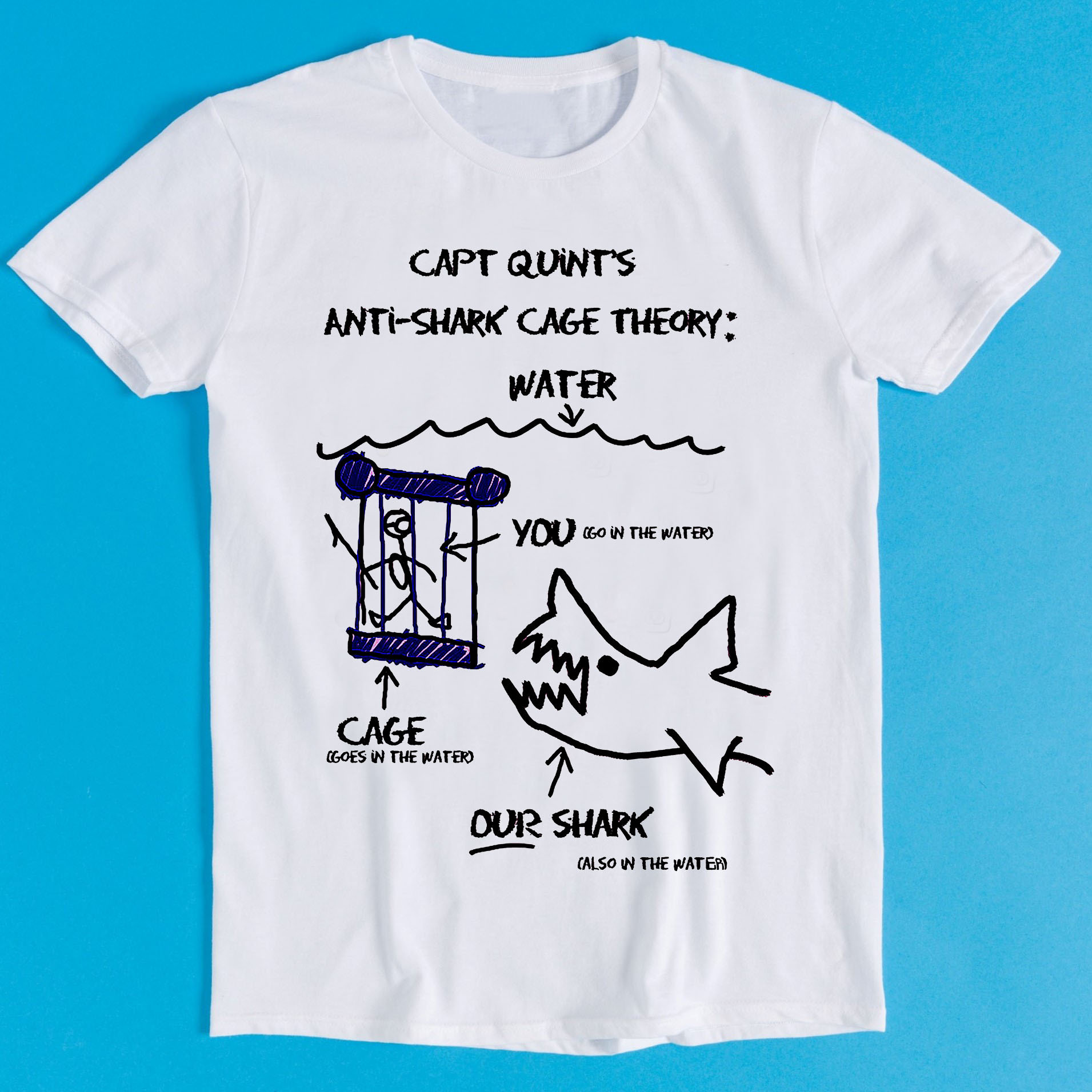 Jaws Paws Capt Quints Anti Shark Cage Theory Water Funny Art Drawing Gamer Cult Meme Movie Music Gift Tee T Shirt K1096