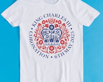 King Charles III Coronation Souvenir Red Blue Emblem Badge British Union Jack Flag England Crown Cool Gift Tee T Shirt  K1054