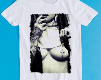 Sexy Naked Nun Cross Tattoo Retro Funny Art Drawing Gamer Anime Cult Meme Movie Music Gift Tee T Shirt K1124