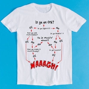 Ork Diagrama de flujo Waagh Decisión Decishun Fingy Retro Arte divertido Dibujo Gamer Dibujos animados Anime Cult Meme Música Película Regalo Camiseta K1171