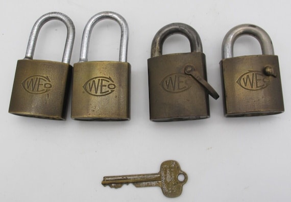 4 Vintage Western Electric Co Logo Best Brass Padlocks Locks W/ 1 Key 