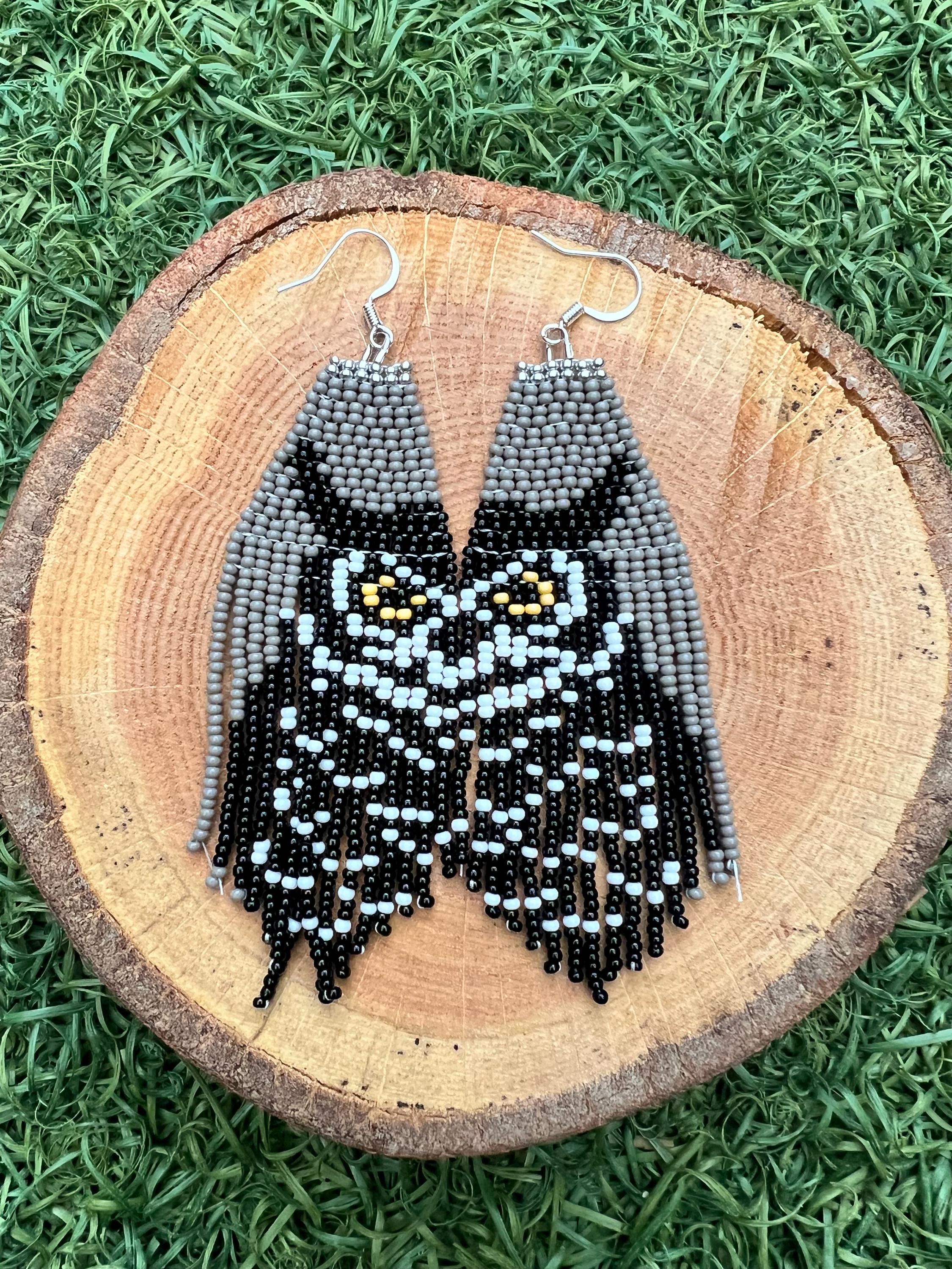 Beaded Great Horned Owl Fringe Earrings