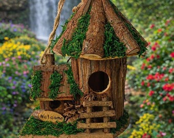 Handmade wooden birdhouse hut with ladder and side hut 17x12x23cm