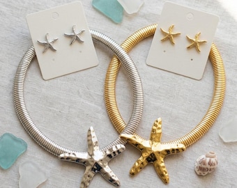 Chunky Hammered Starfish Collar Necklace Set - Gold Silver Ocean Choker Earrings, Textured Gas Pipe Torque Beach Travel Fashion Jewellery