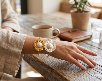 Hammered Gold Silver Pearl Cuff Bracelet - Textured Metal Petal Disc Bangle Oversized Dome Pearl Wristband Bold Open Torque Fashion Jewelry