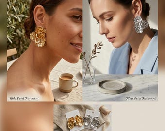 Gold Silver Abstract Flower Statement Earrings - Molten Ripple Crumpled Petal Studs, Chunky Floral 3D Layered Earring, Fashion Jewellery