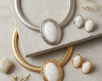Chunky Pearl Collar Necklace Set - Gold Silver Hammered Choker Earrings, Oval Shell Cabochon Torque, 18 Inch Statement Fashion Jewellery