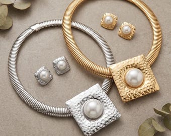 Chunky Square Pearl Collar Necklace Set - Gold Silver Hammered Choker Earrings Textured Gas Pipe Torque, 18 Inch Statement Fashion Jewellery