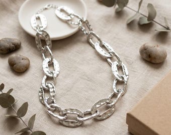 Chunky Link Chain Necklace - Gold Silver Solid Oval Statement Choker, Heavy Textured Molten Loop Chain, Bold Metallic Runway Fashion Jewelry