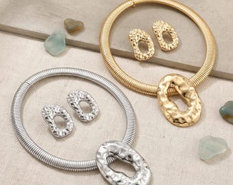 Chunky Hammered Oval Collar Necklace Set - Gold Silver Open Loop Choker Earrings Textured Gas Pipe Torque 18 Inch Statement Fashion Jewelry