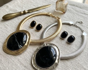 Chunky Metallic Gas Pipe Collar Necklace, Statement Black Stone Pendant Choker Textured Twist Torque, Bold Silver Gold Fashion Jewelry Style