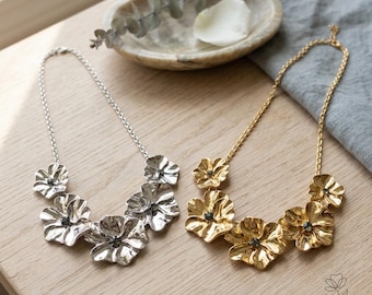 Layered Flower Statement Bib Necklace - Gold Silver Solid Floral Choker, Heavy Textured Molten Ripple Chain, 18 Inch Runway Fashion Jewelry